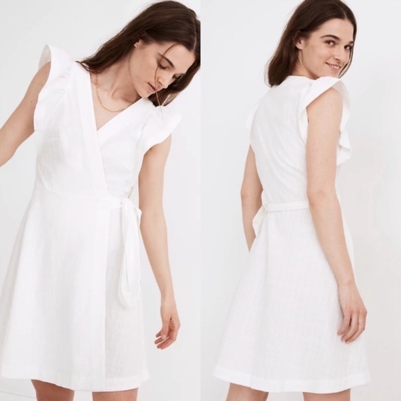 NWT Madewell Cotton Ruffle Sleeve Textured Wrap Mini Dress In White - Picture 1 of 10